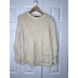 VTG Inis Crafts Fisherman Cable Chunky Knit Sweater 100% Wool Cream Pockets L